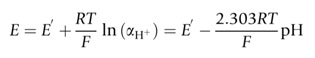 The operational expression of pH. The electrode potential (E) of a pH-sensitive electrode follows the Nernst equation as shown. The definition of the parameters is included in the text.