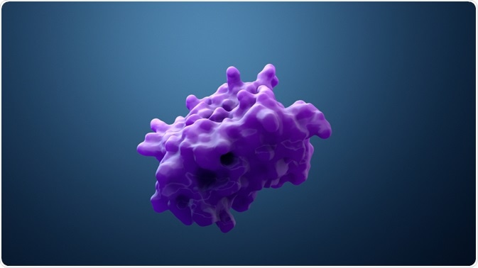 4D proteomics involves four types of analysis of the same protein. This image shows a single protein (purple) on a vast background (blue).