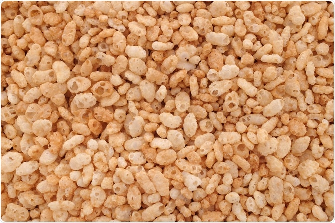 Hot melt extrusion can be used to create puffed cereals such as the puffed rice shown here.