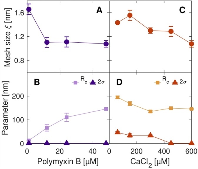 Structural parameters of the microgels, extracted from the SAXS data as a function of the amount of peptide-loaded (Polymyxin) and crosslinker (CaCl2) respectively. Structural parameters of the microgels, extracted from the SAXS data as a function of the amount of peptide-loaded (Polymyxin) and crosslinker (CaCl2) respectively.