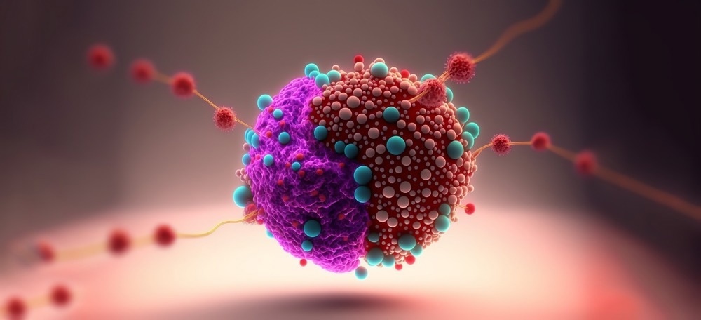 Tumor microenvironment concept with cancer cells, T-Cells, nanoparticles, cancer associated fibroblast layer of tumor microenvironment normal cells, molecules, and blood vessels 3d rendering