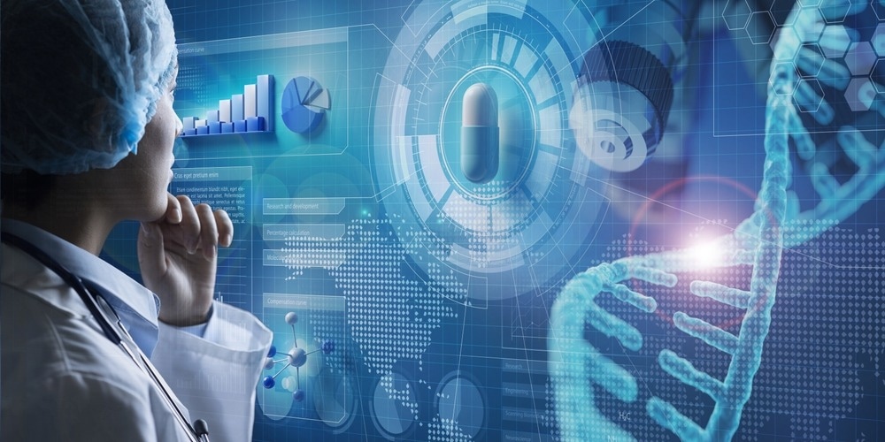Doctor analysing medication on holographic interface. Conceptual composite image about innovative technologies in pharmaceutical science research.
