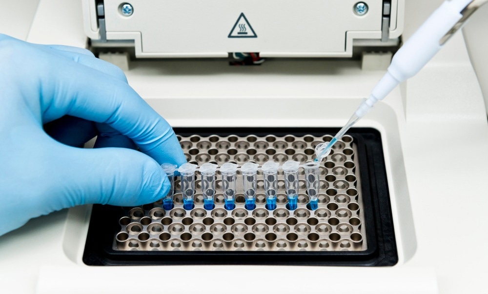 Researcher mixed DNA, polymerase, and oligonuclotides mixture in PCR tubes on the thermal cycler