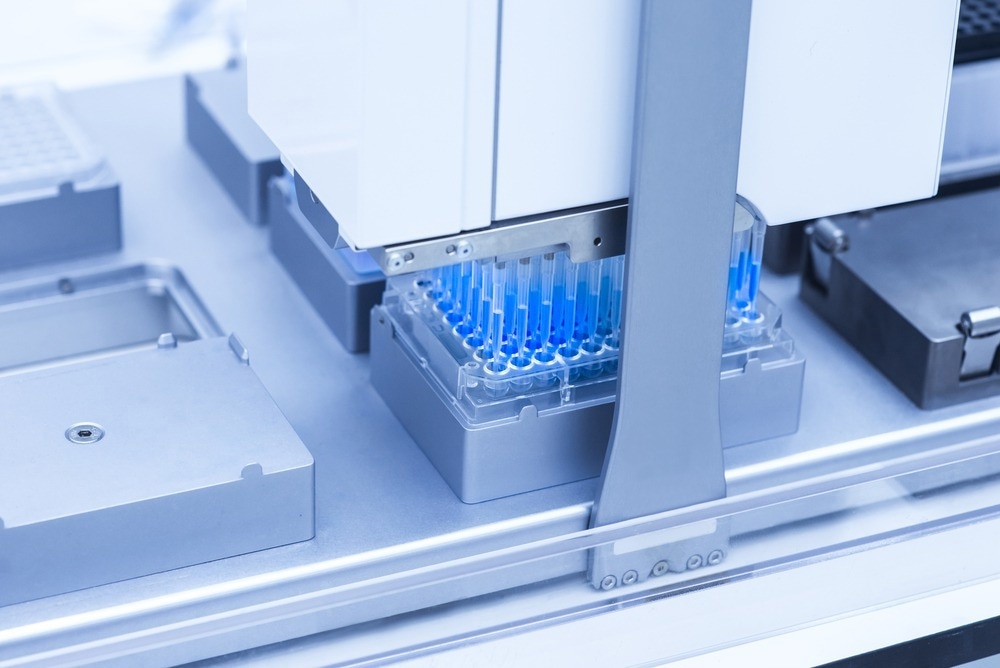 Robotic automation system. Equipment science laboratory with test tubes