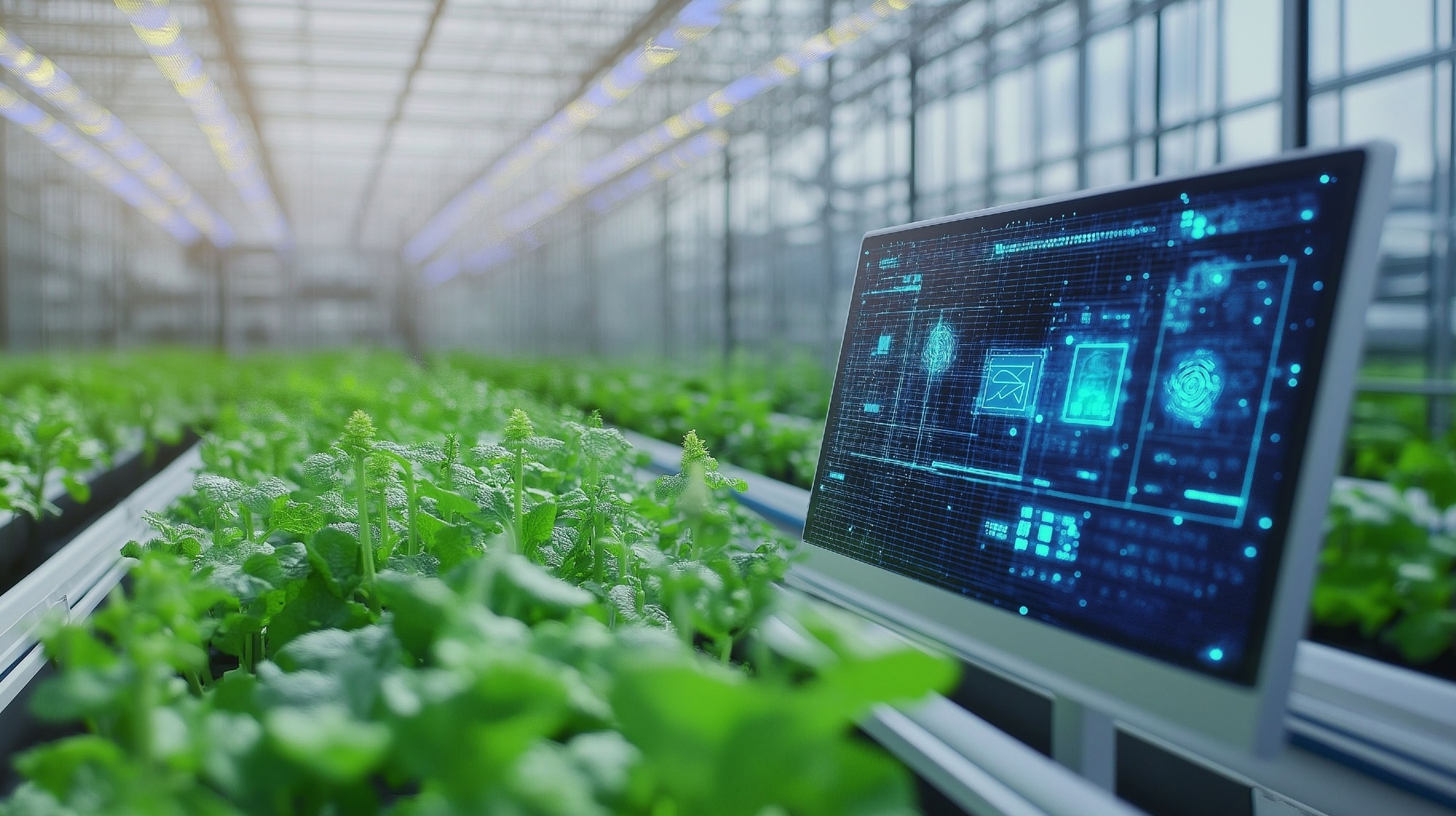 A table displaying agricultural data in a modern greenhouse, surrounding by thriving plants monitored through advanced technology.