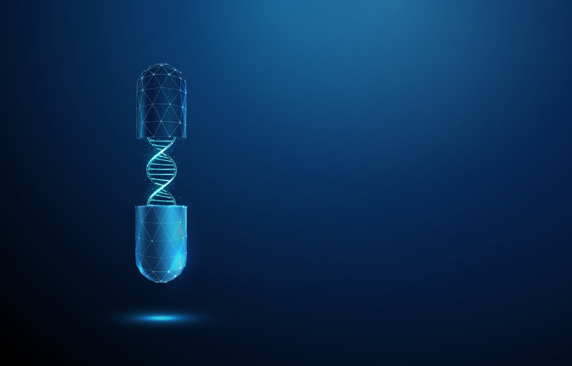Abstract opened blue medical drug capsule with DNA helix inside.