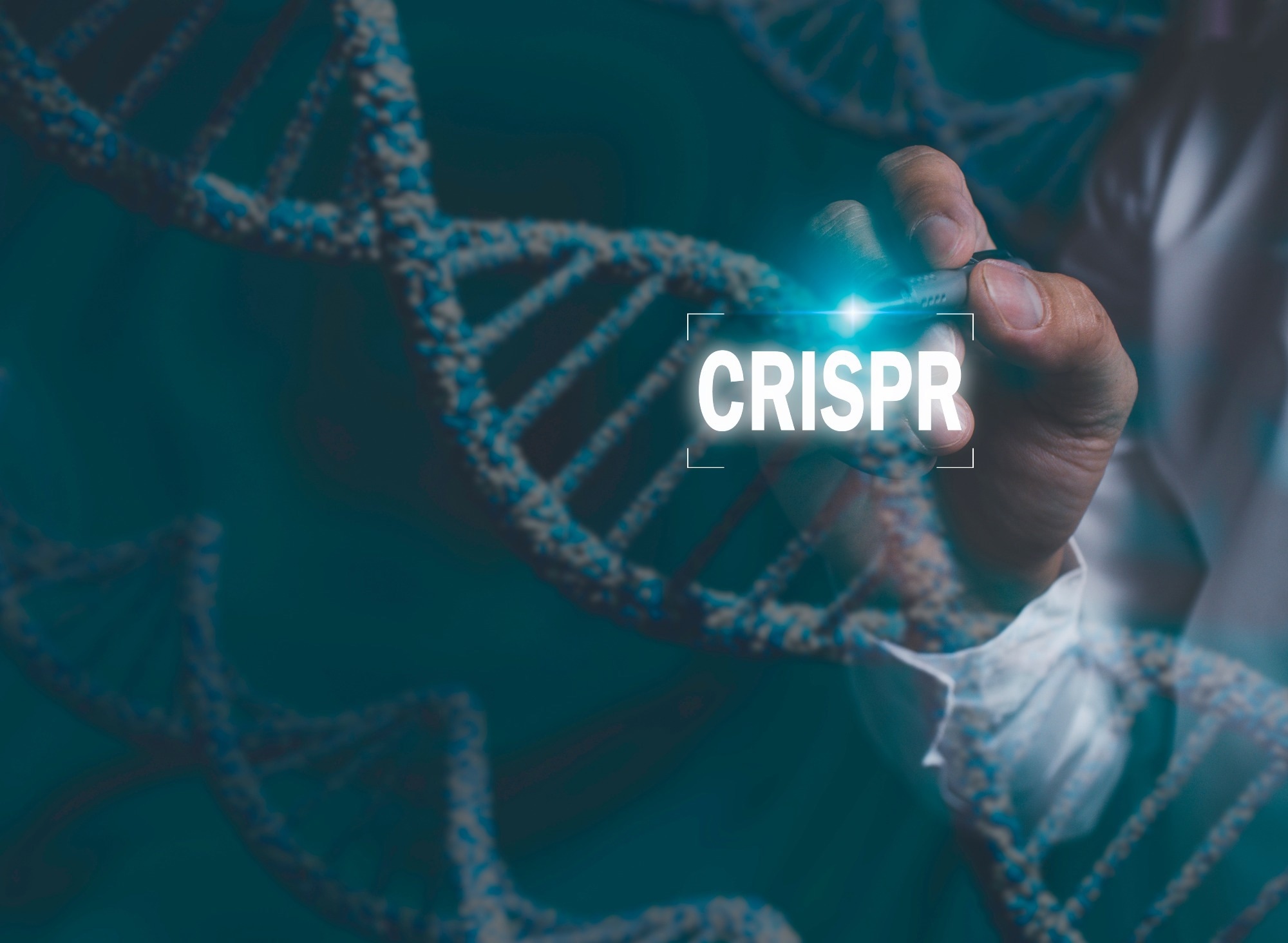 Scientist using pen touch icon CRISPR, genetically modified DNA, blue background concept in artificial intelligence.