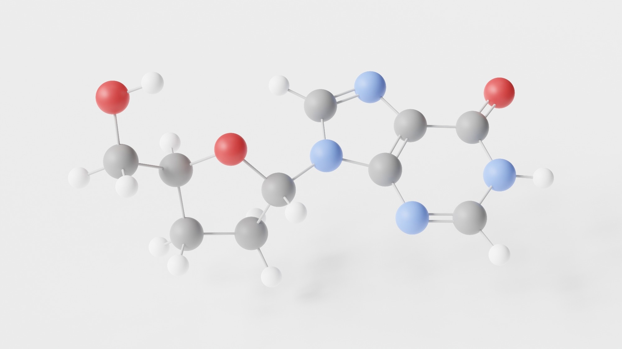 didanosine molecule 3d, molecular structure, ball and stick model, structural chemical formula nucleoside analog.