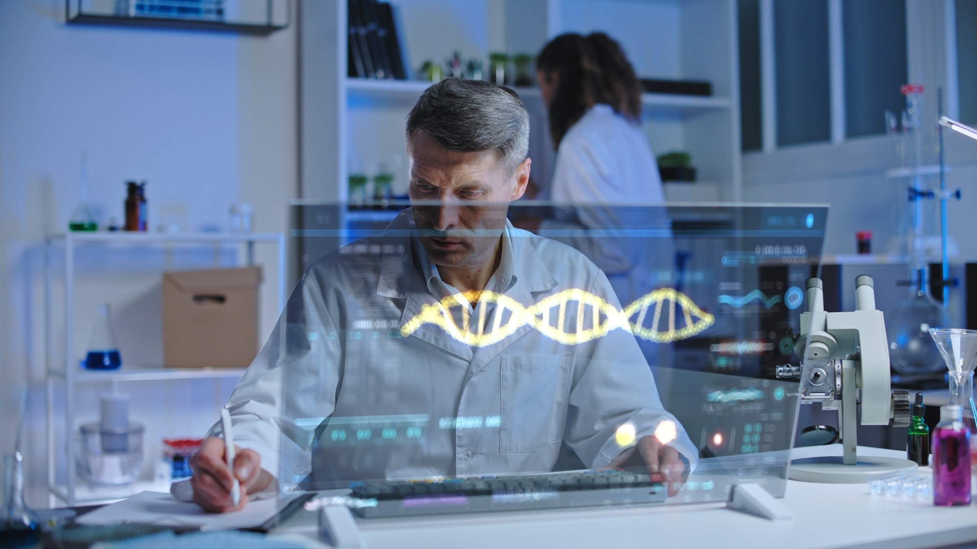 Genetics laboratory worker studying human genome structure on holographic screen.