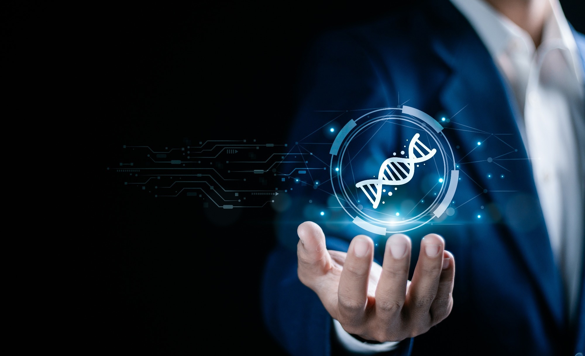 Biotechnology concept, research, development, innovation, advancing smart solutions from digital technology. Businessman show biotechnology icon on virtual screen.
