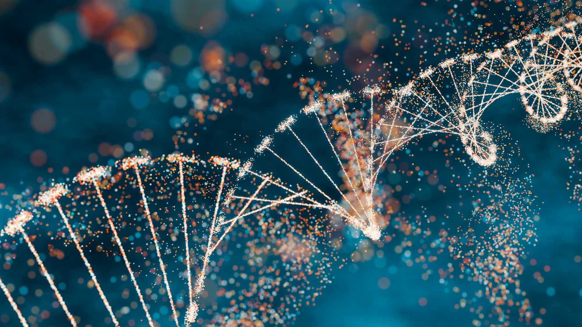 3D illustration of a DNA molecule with sparkling effects symbolizing complexity and genetic diversity.