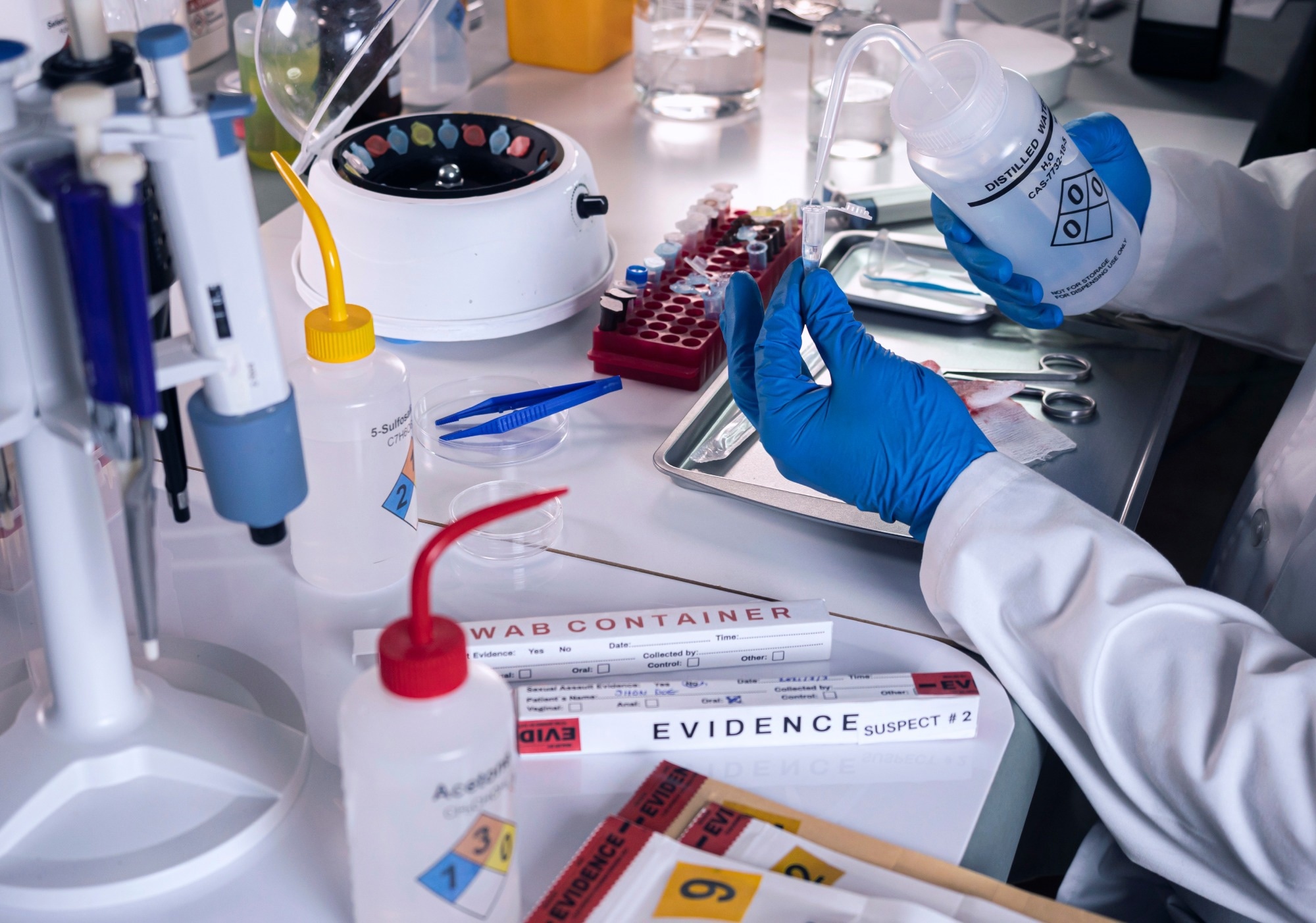 A forensic scientist wearing blue gloves works at a laboratory bench, preparing evidence samples. The workspace includes labeled evidence containers, swab tubes, a centrifuge, chemical wash bottles, tweezers, and test tubes, indicating active forensic analysis of bodily fluids or trace materials.