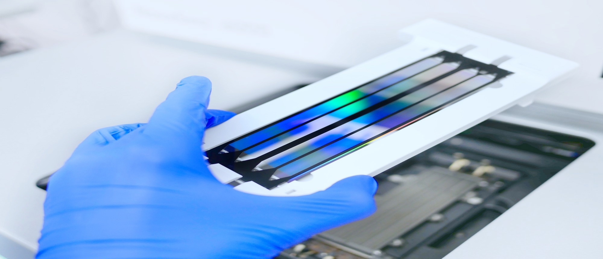 Gloved hand holding a sequencing flow cell used in high-throughput genomic analysis in a laboratory setting.