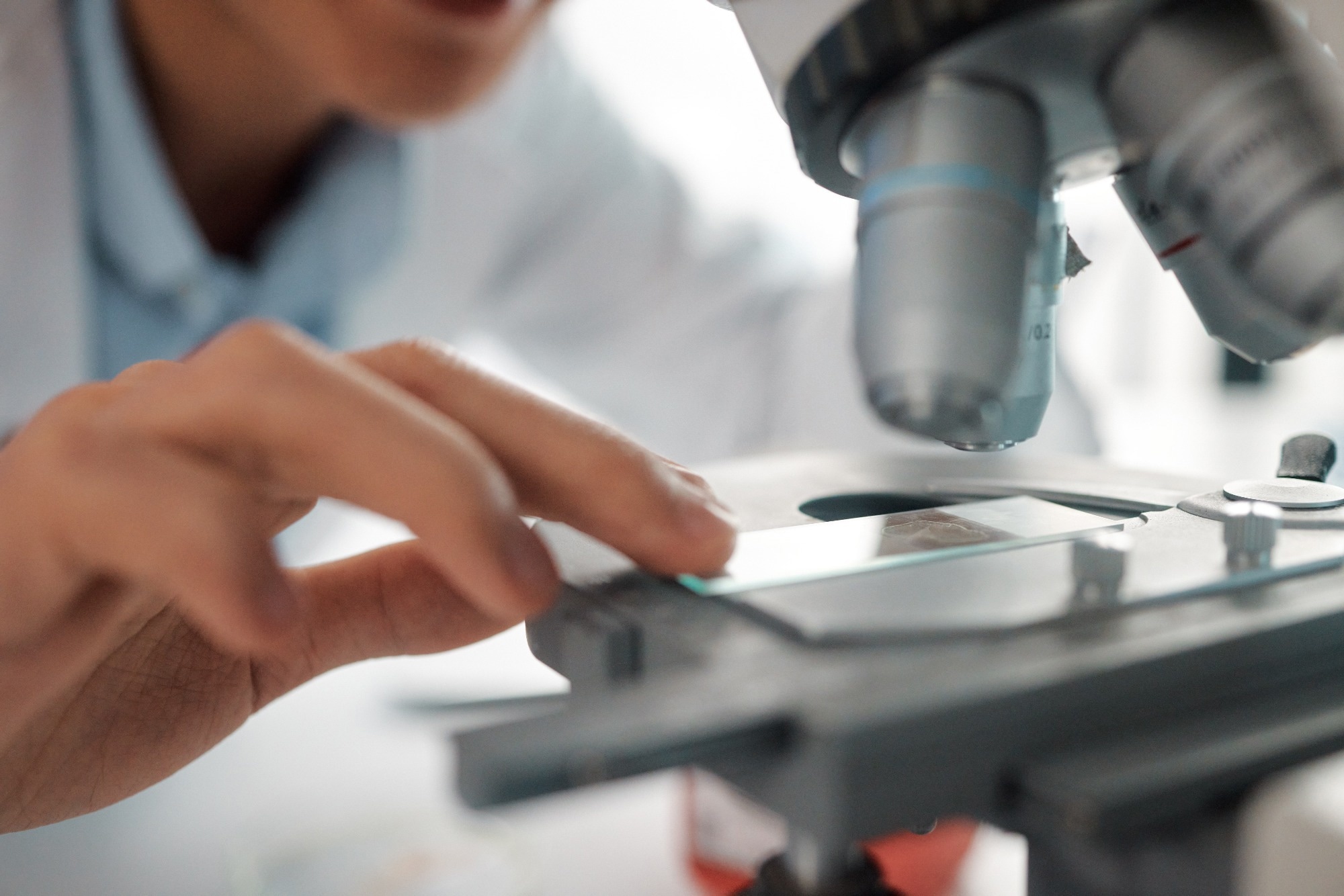 Researcher examining slide under microscope