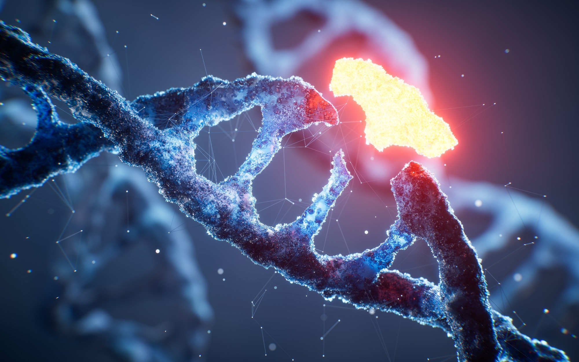 Biological DNA structure with gene mutation concept, 3d rendering.