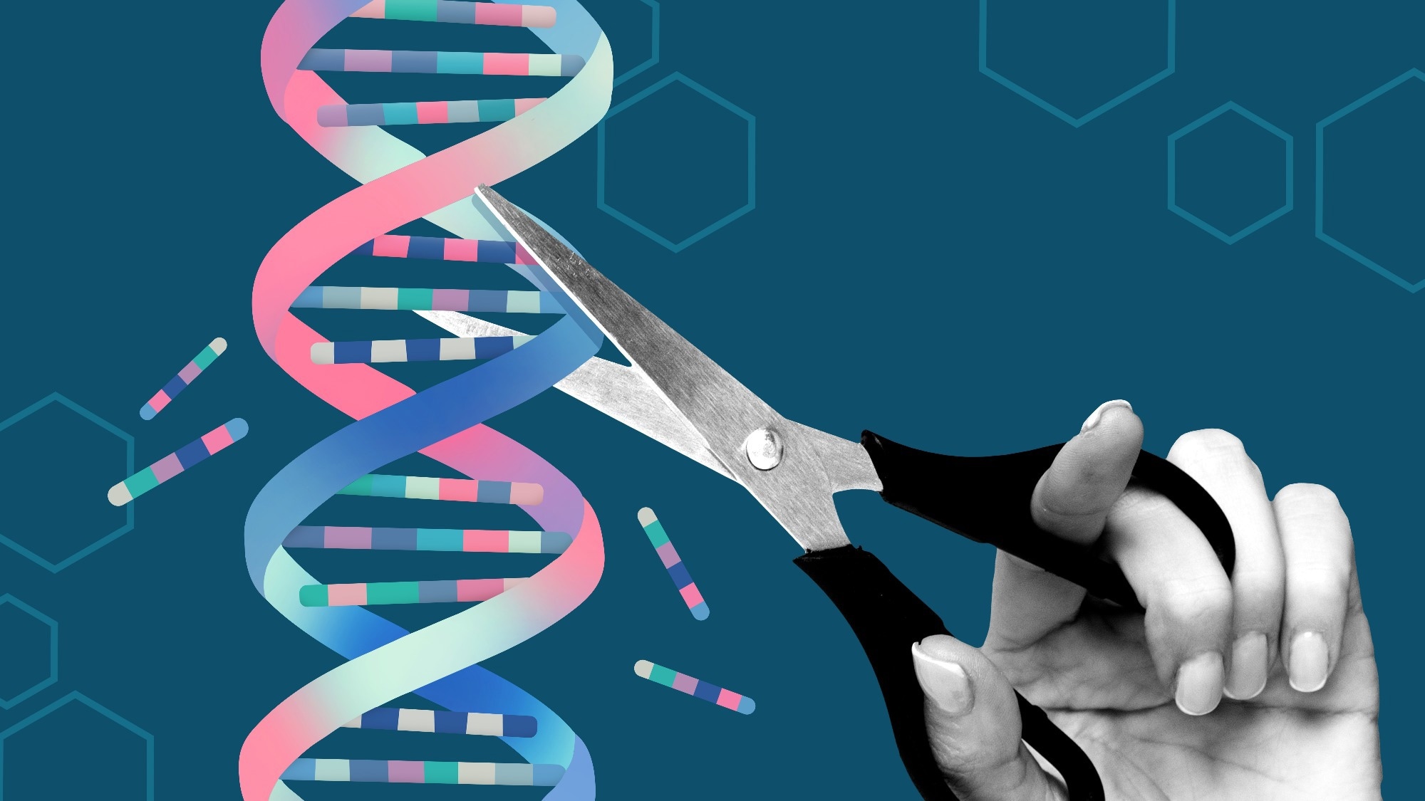 Scissors cutting colorful DNA helix symbolizing gene editing.