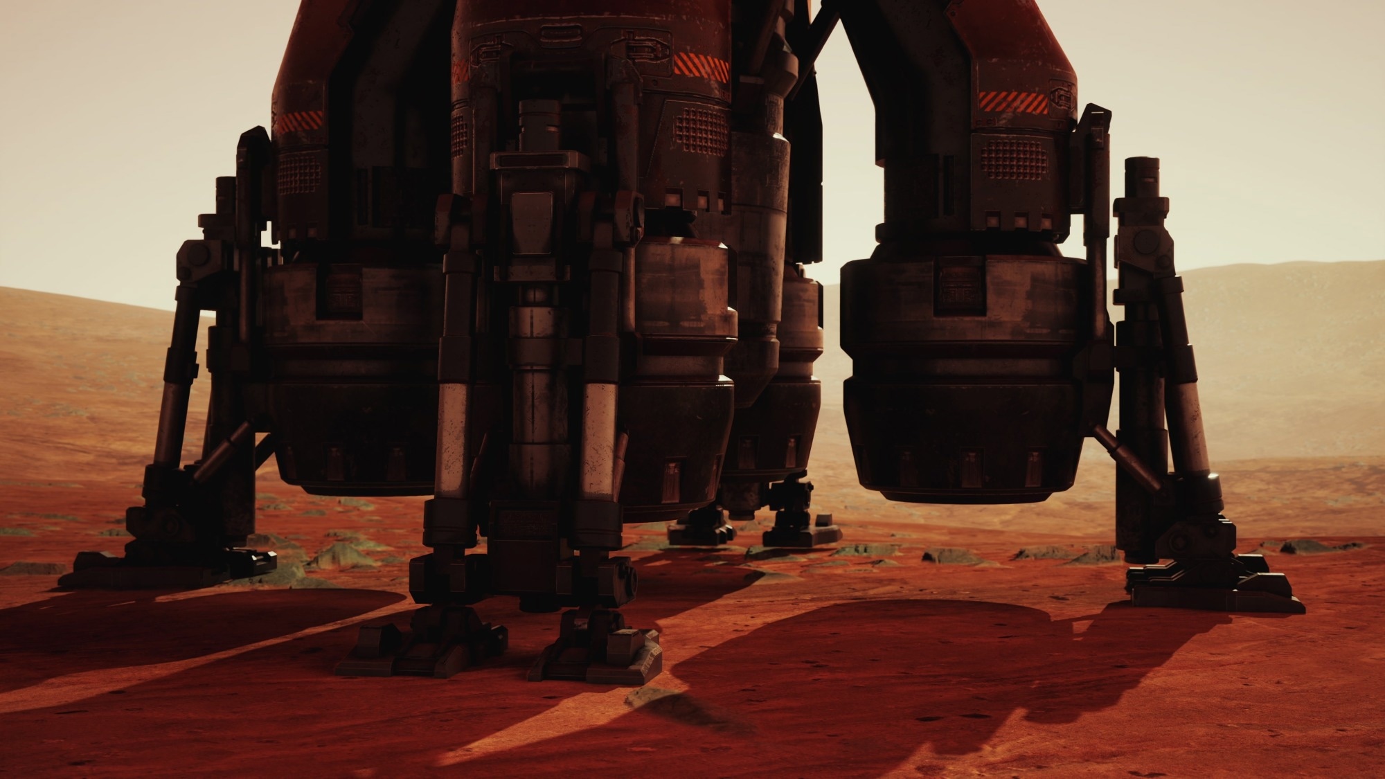 A Martian base stands prominently on the red terrain, showcasing a futuristic lander as the sun sets on the horizon, casting long shadows and highlighting the harsh environment of Mars.