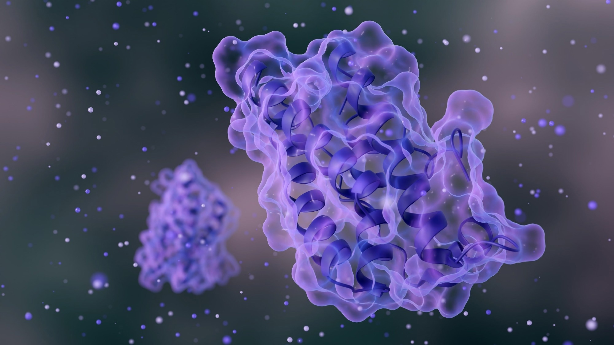 3D rendering of complex leptin protein molecular structures at a microscopic level.