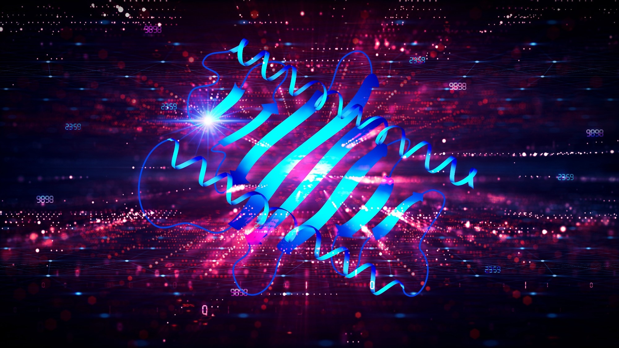 Abstract 3D protein ribbon structure glowing in neon blue against a digital data background with red and purple light effects.