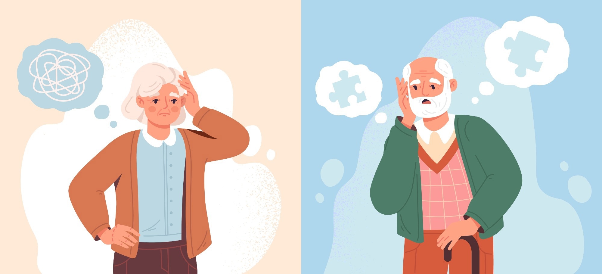 Alzheimer’s disease concept illustration showing elderly men and women appearing confused with memory loss, while puzzle pieces fly around their heads to symbolize cognitive decline and brain disorders in older adults.