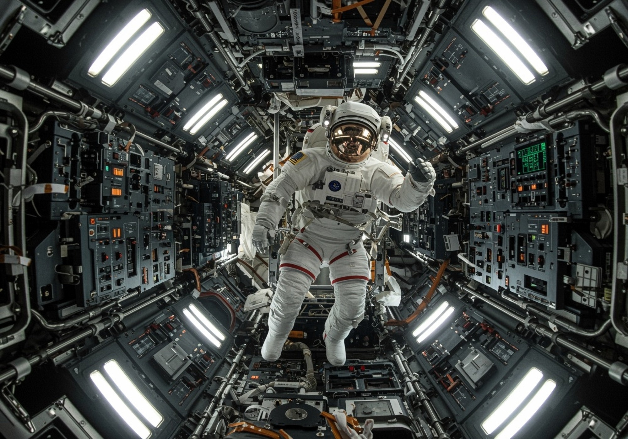 Indoor photo of an astronaut in a space capsule in space