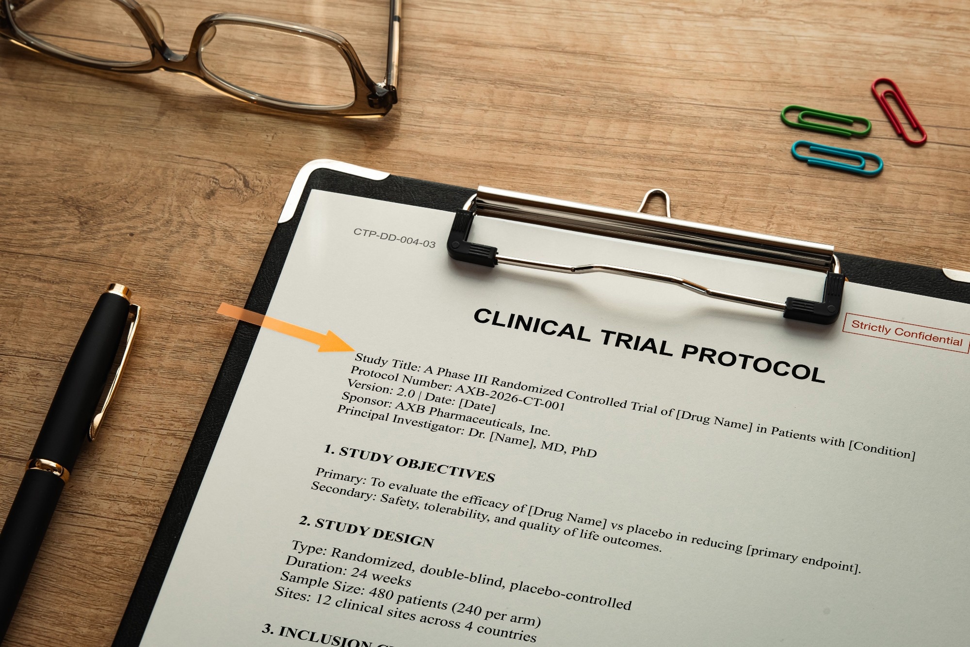 Realistic mock clinical trial protocol document displayed on wooden desk with office accessories.