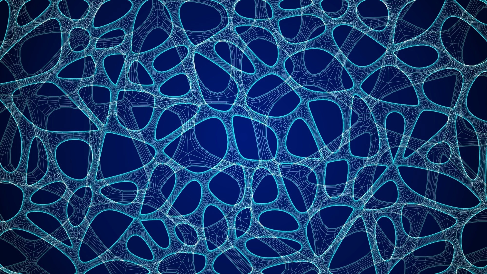 Vector illustration of skin cells/human like cell interactions (abstract concept). Light, bright blue webs across a dark blue background.