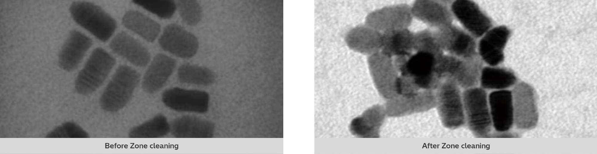 CdSe quantum dot imaged before and after ZoneTEM II cleaning.