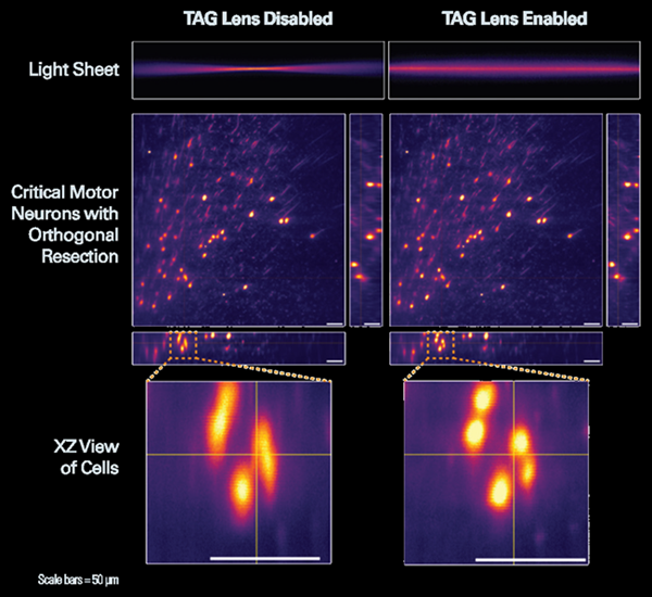 TAG lens disabled generates non-uniform resolution (left). TAG Lens enabled generates a homogeneous illumination profile.