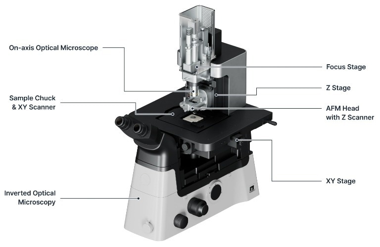 An annotated diagram of the NX12 indicating each aspect of the design (XY stage, Sample chuck, Z stage, XY scanner, Inverted Optical Microscopy, AFM Head with Z scanner), Focus Stage, On-axis Optical Microscope).