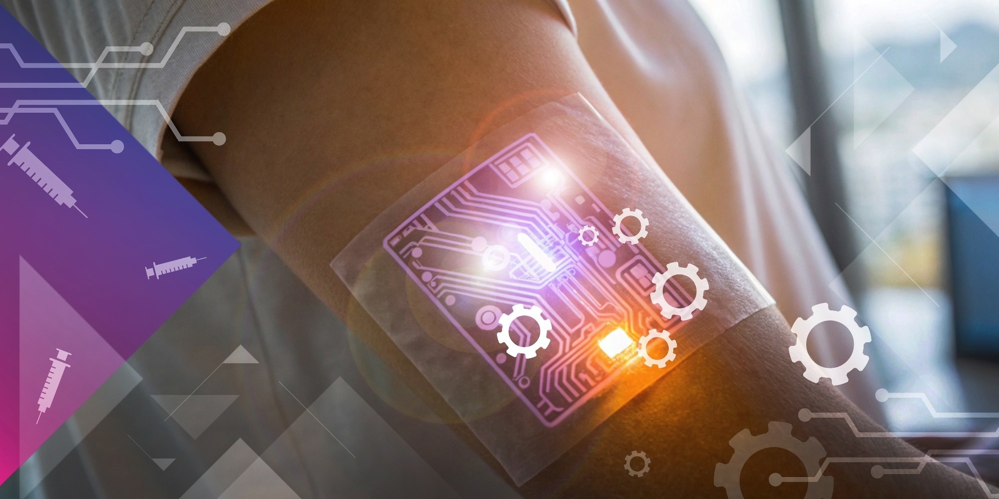 Technology background. Medical Technology Concept with Medical Circuit Board in Human Arm for Health Monitoring. Smart Patches.