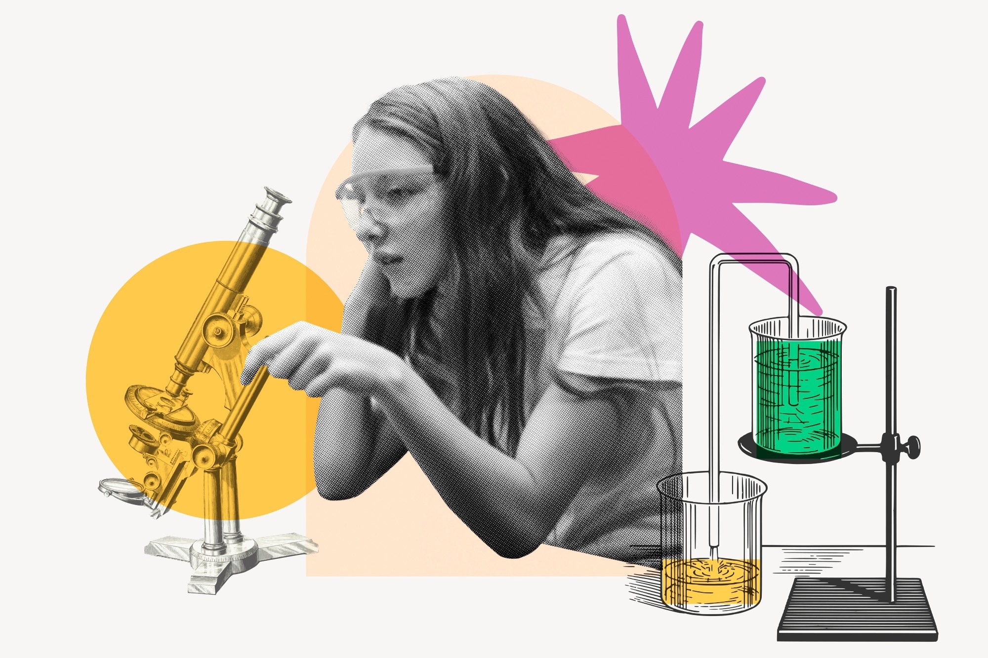 Teen scientist background, education color pop design. Young teen student in science class. Science class student experiementing. Teen girl studying science at school. Colorful background.