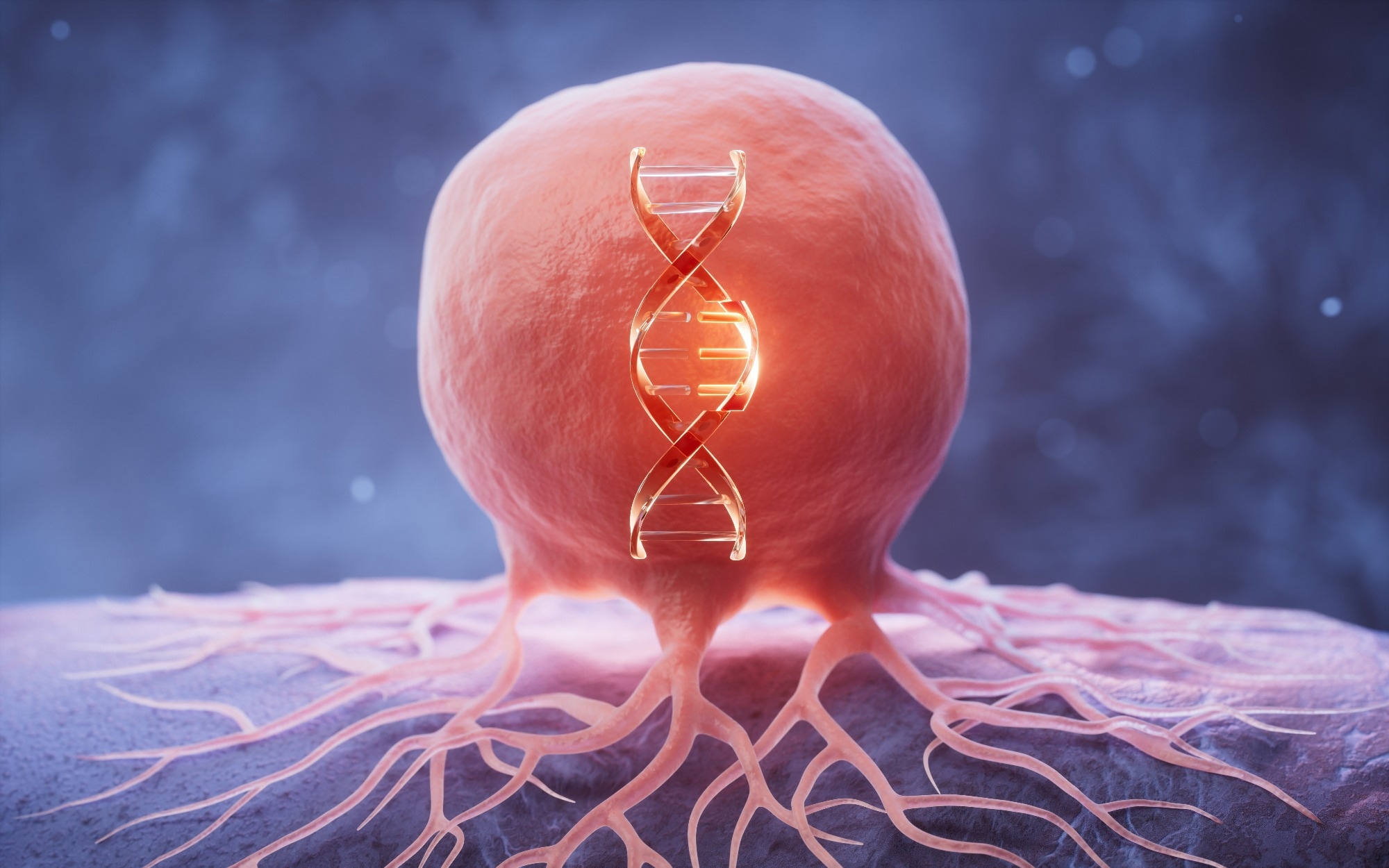 Biological cancer cell and disease with highlighted DNA helix within the cell, 3d rendering. 3D illustration.