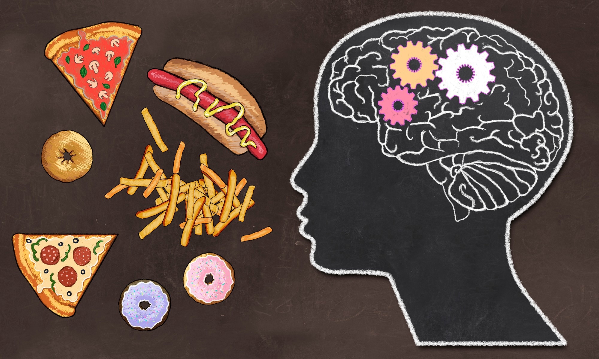 Classic drawing style on a brown blackboard: a side profile of a human head with the brain illustrated as a cog mechanism on the right side. On the left side of the image, common fast food items such as a burger and pizza are depicted.