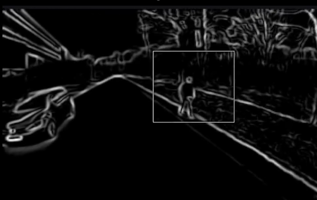 A high-contrast, edge-detected view of a street scene showing a car on the left and a pedestrian crossing ahead, highlighted within a square detection box.