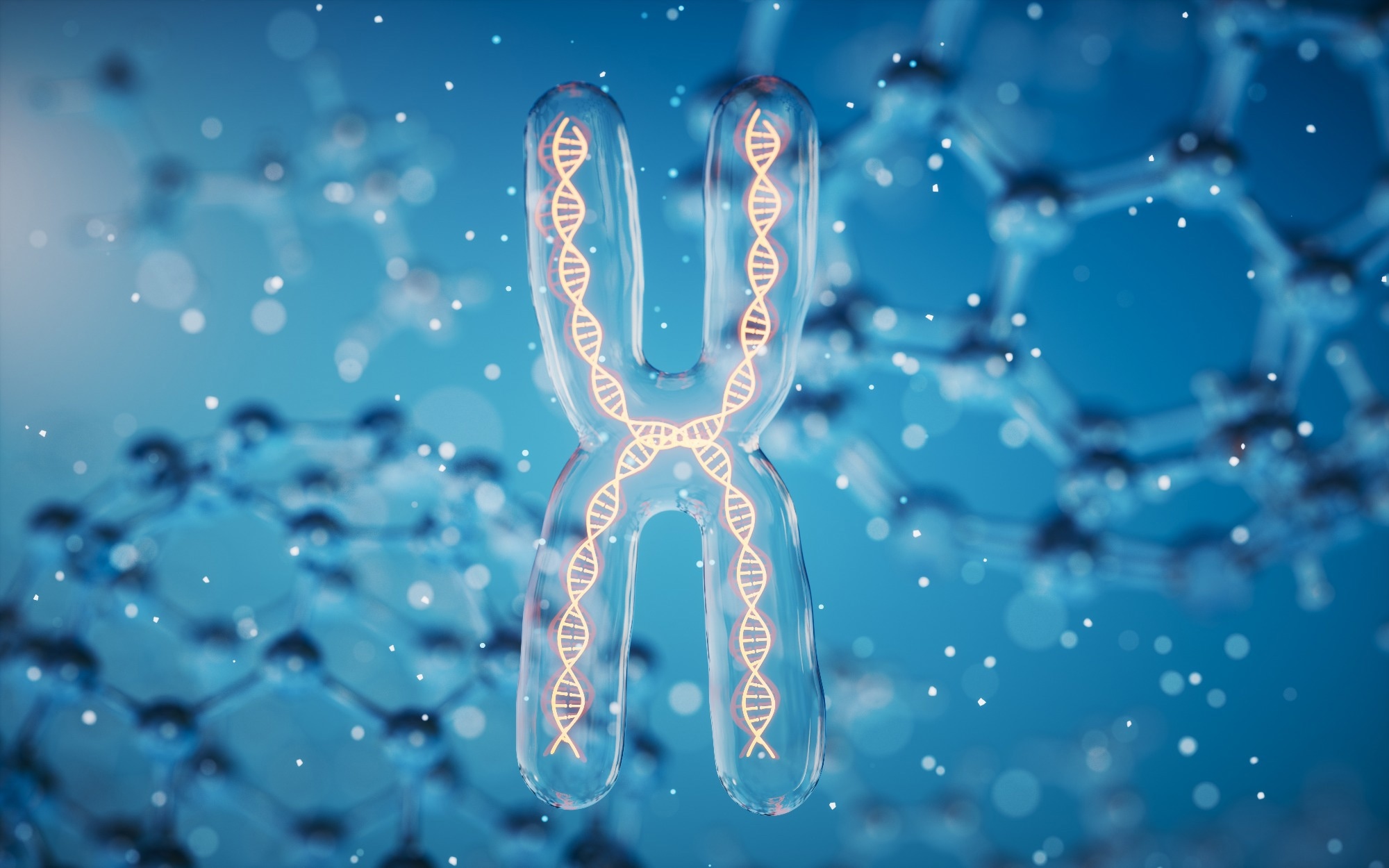 Chromosome with molecule background, 3d rendering. Computer digital drawing.