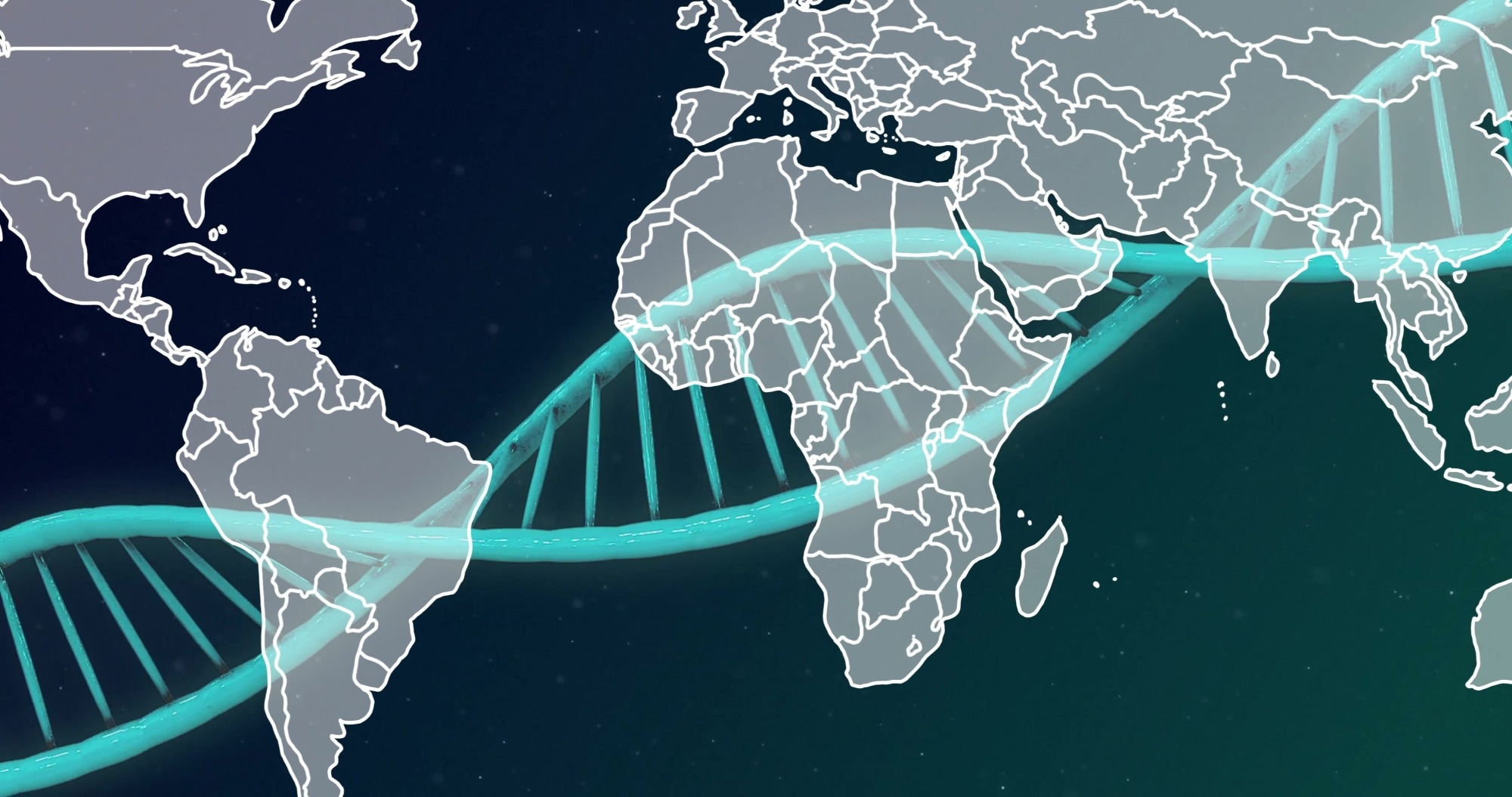 Image of DNA strand over world map.