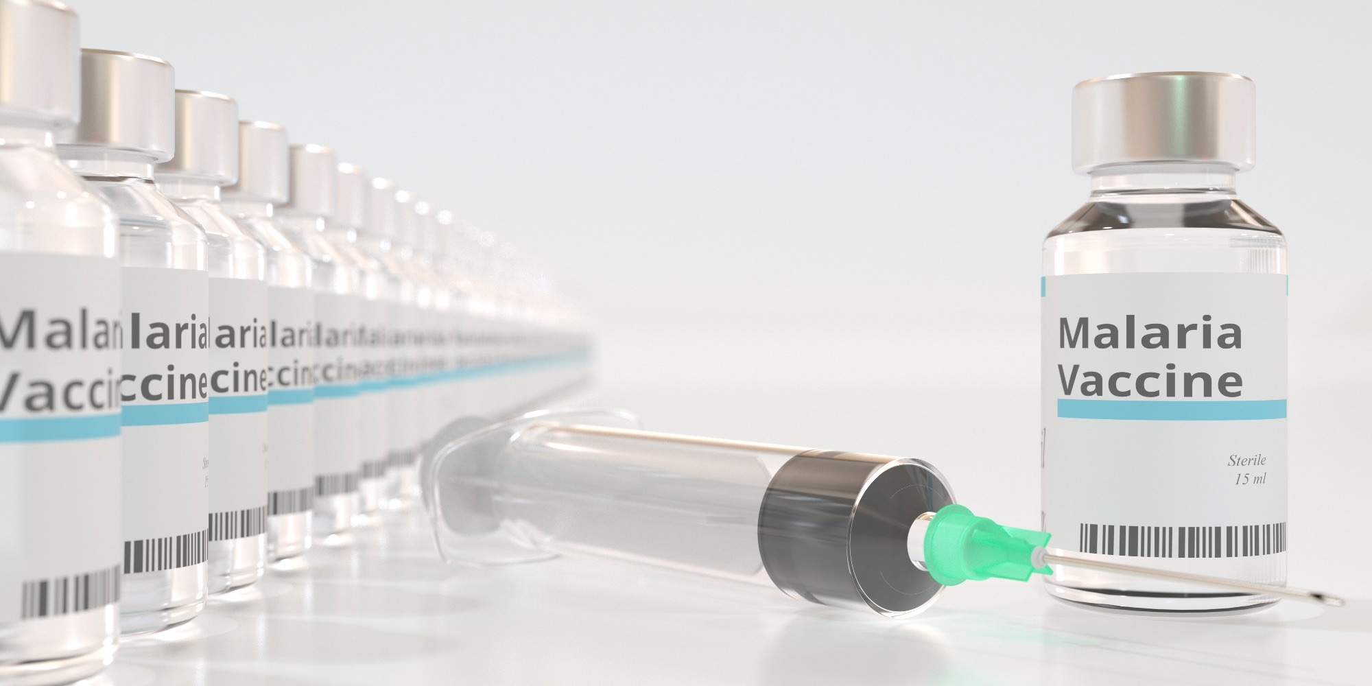 Medical bottles with malaria vaccine and syringe, 3D rendering