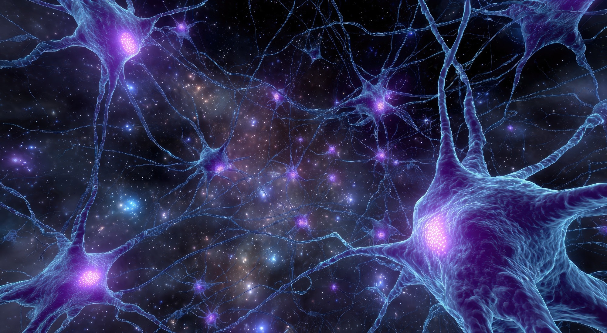 A stunning visualization of interconnected neurons firing with vibrant purple light against a backdrop