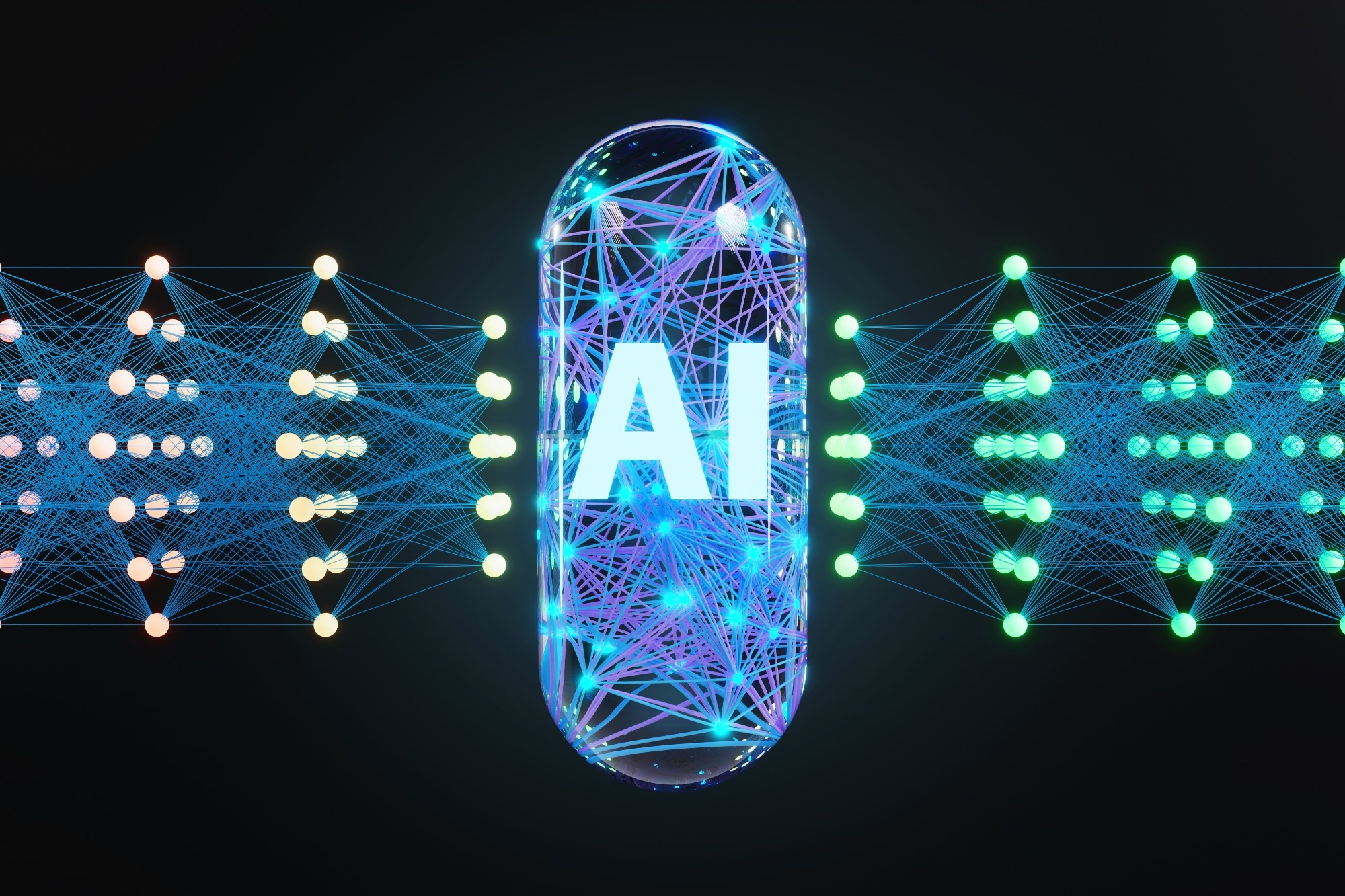 Glowing neural network inside a transparent antibiotic capsule surrounded by a large language model on black background. 3D illustration of the concept of AI assistance in pharmacy and drug discovery