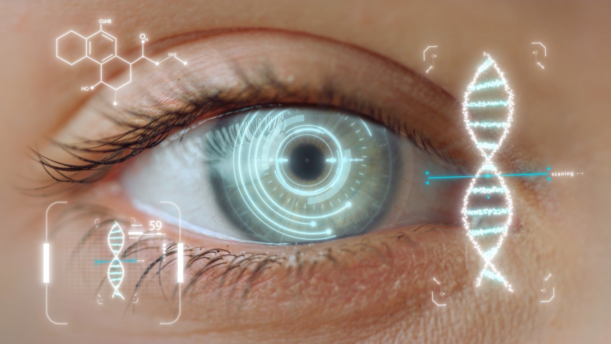 Close-up image of a blue eye with a DNA hologram