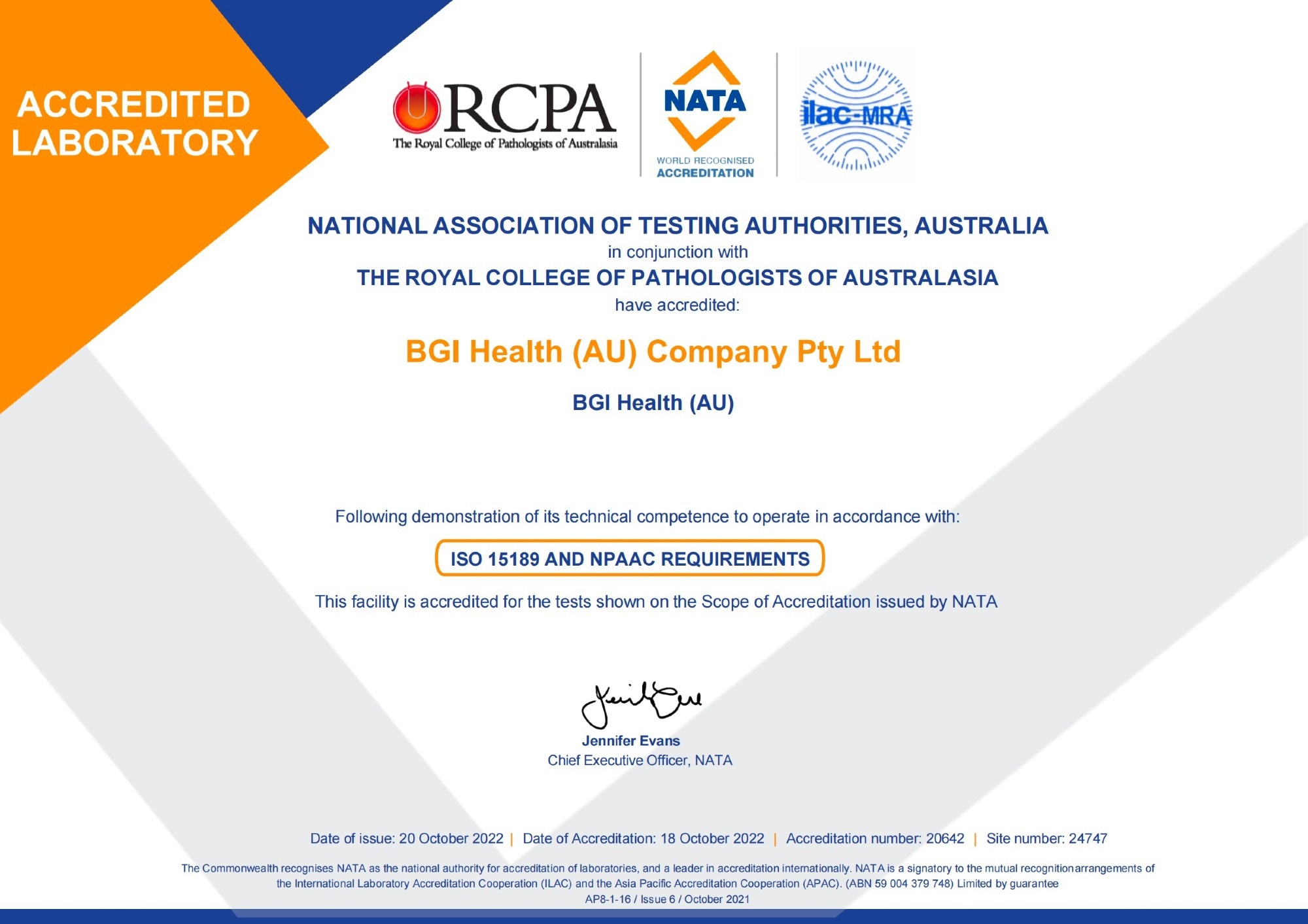 NATA accreditation for BGI Australia to perform whole exome sequencing