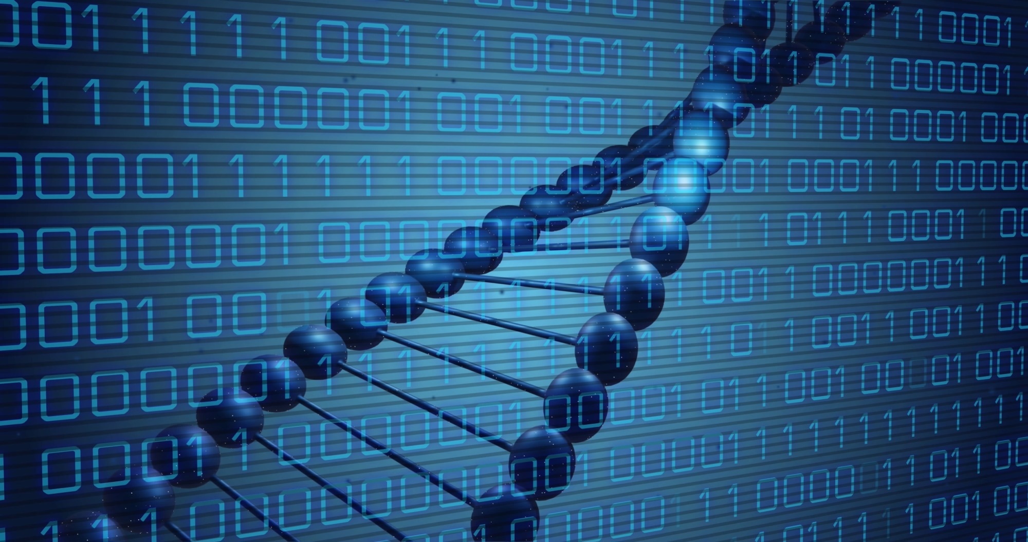 Image of dna rotating over binary code on blue background.