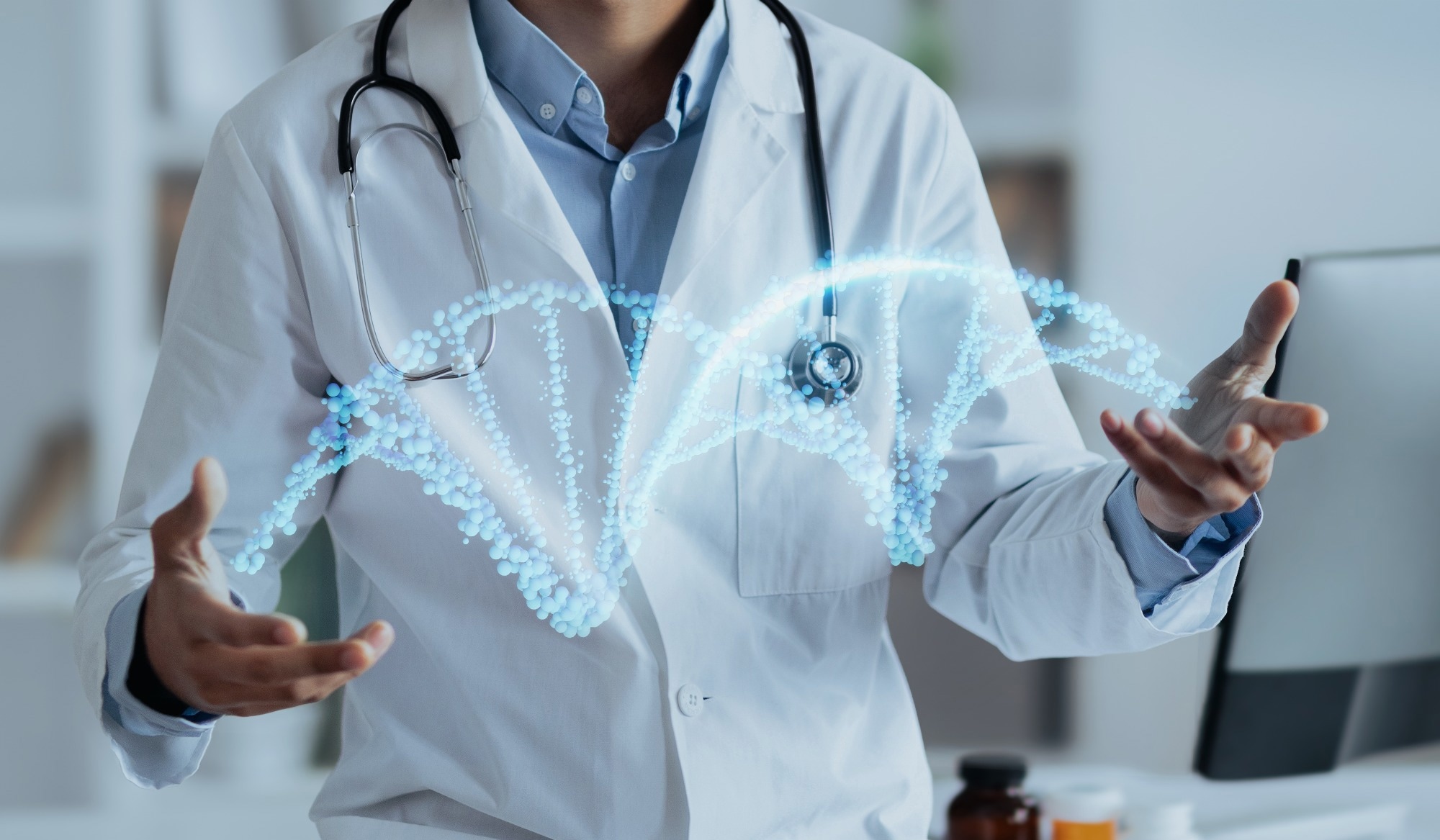 Unrecognizable skilled physician engages futuristic CRISPR tech.
