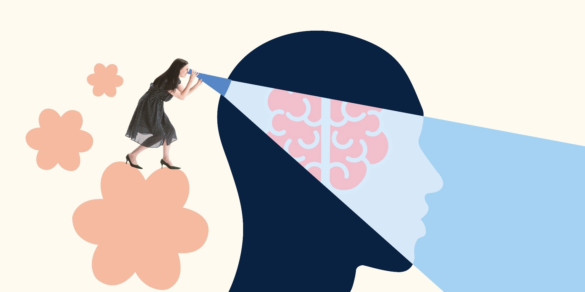 Woman peering into head with spotlight on brain, symbolizing introspection and search for deep understanding and insights.