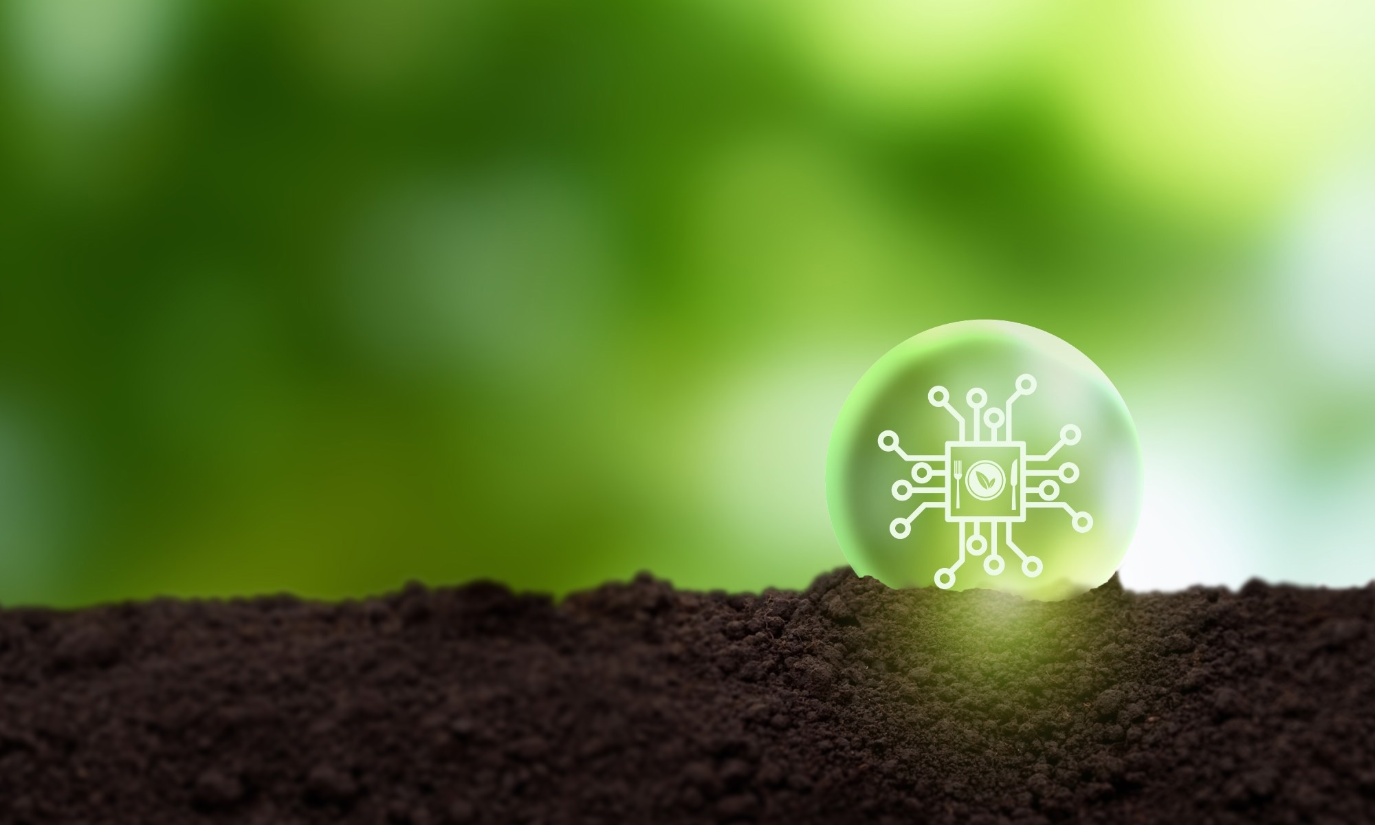 A green digital icon symbolizing agricultural technology is displayed inside a translucent sphere resting on soil, with a blurred green background representing nature and sustainability.