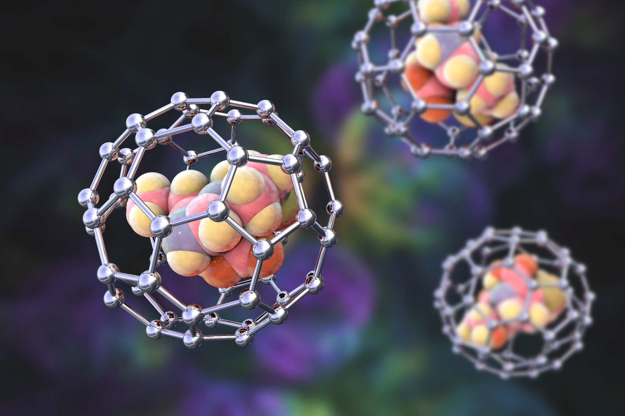 Fullerene nanoparticles containing drug molecule, conceptual 3D illustration.