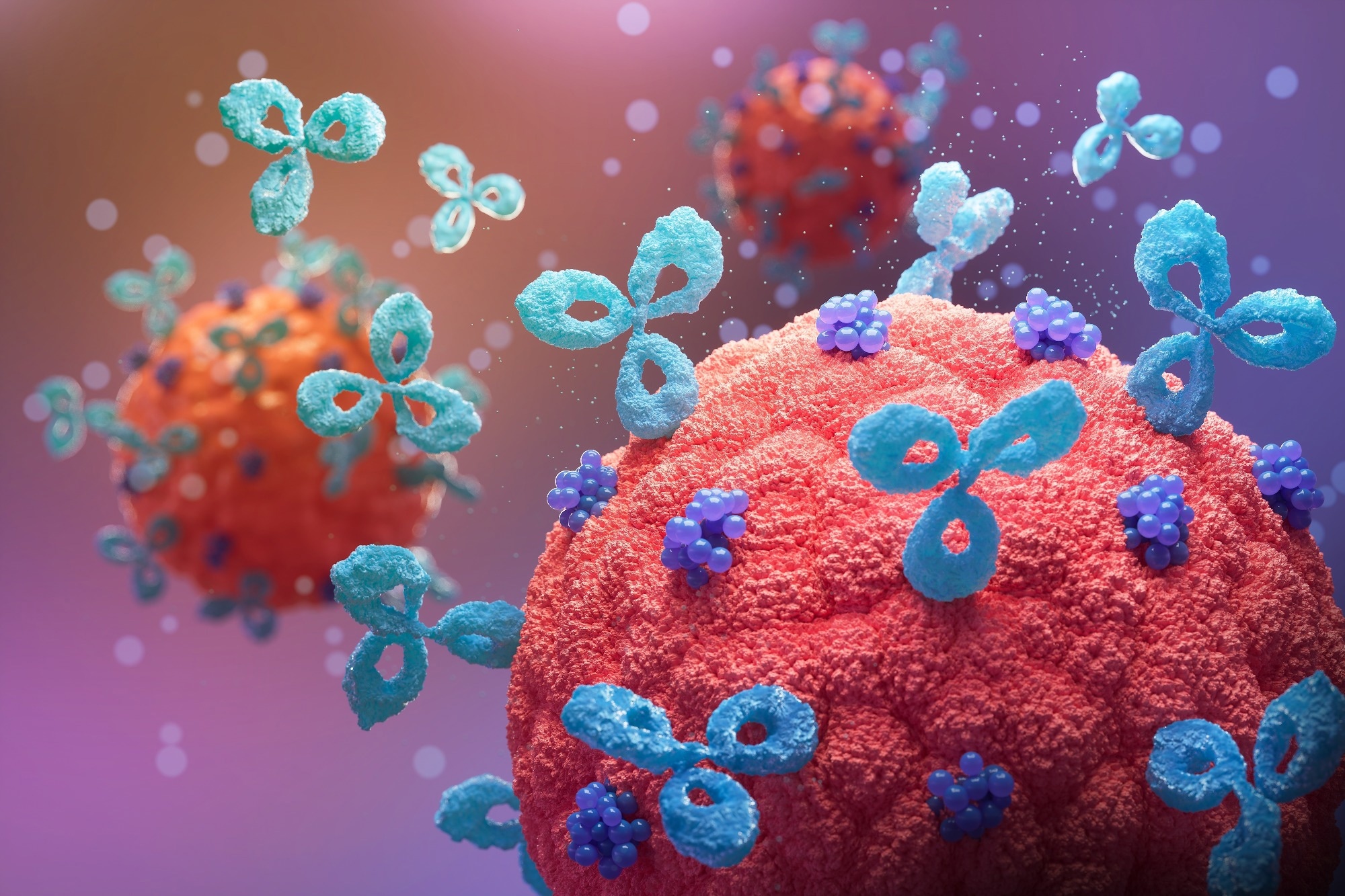 Antibodies attack a cancer cell or bacterium, 3d illustration