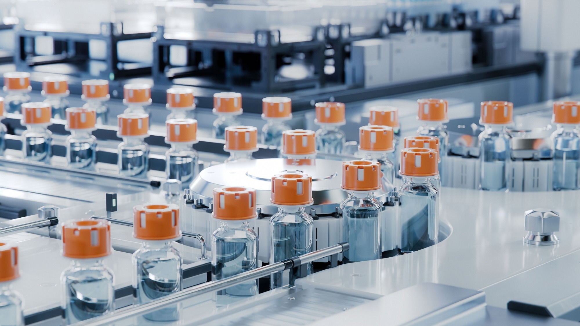 Close-up of Medical Glass Vials with Orange Caps on Conveyor Belt