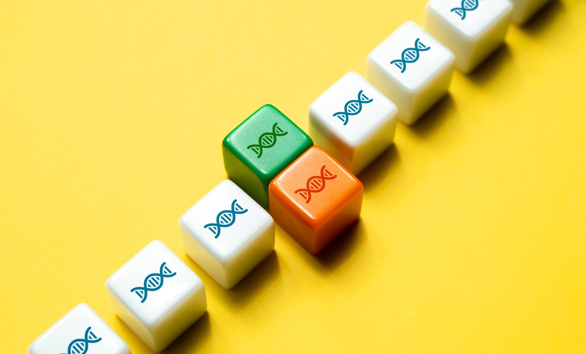 Line of white blocks with DNA on them. Red and green DNA block in the middle representing a mutation